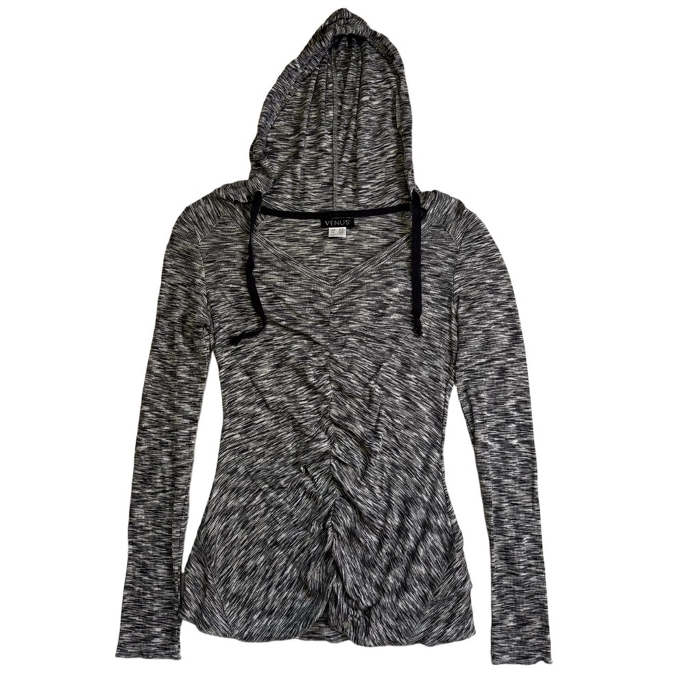 VENUS Grey Marled Knit Hoodie Size Small Long Sleeve Ruching Down Center Front - Picture 3 of 11
